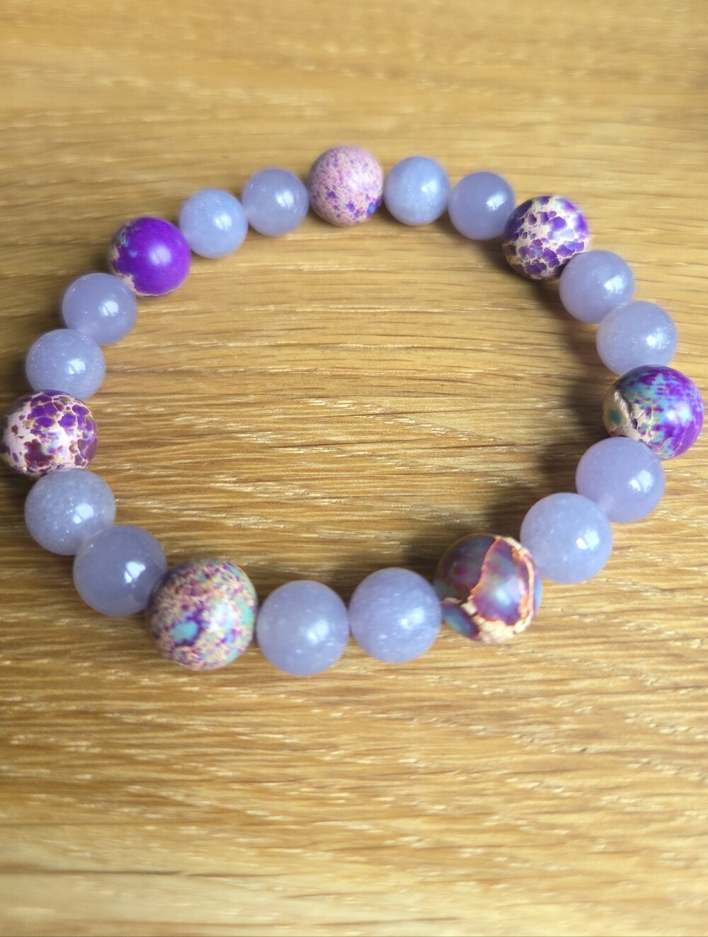 Hand Crafted Lavender Lepidolite and Sea Sediment Jasper Beads Stretch Bracelet - Picture 5 of 11